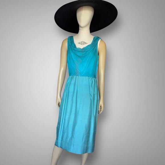 Vintage 1950s Silk Shantung Dress and Jacket Set Blue Green Georgette Trilère - Picture 4 of 16